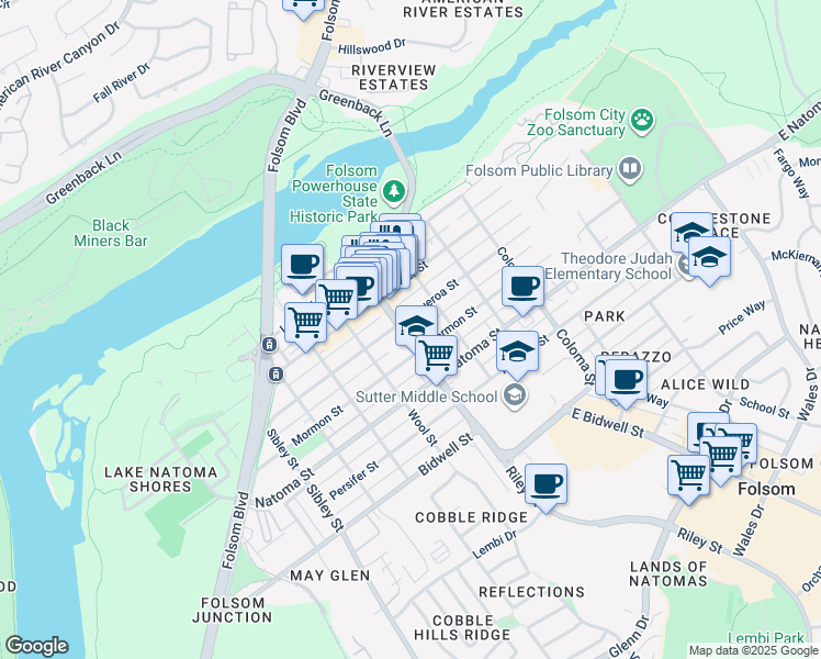 map of restaurants, bars, coffee shops, grocery stores, and more near 603 Figueroa Street in Folsom