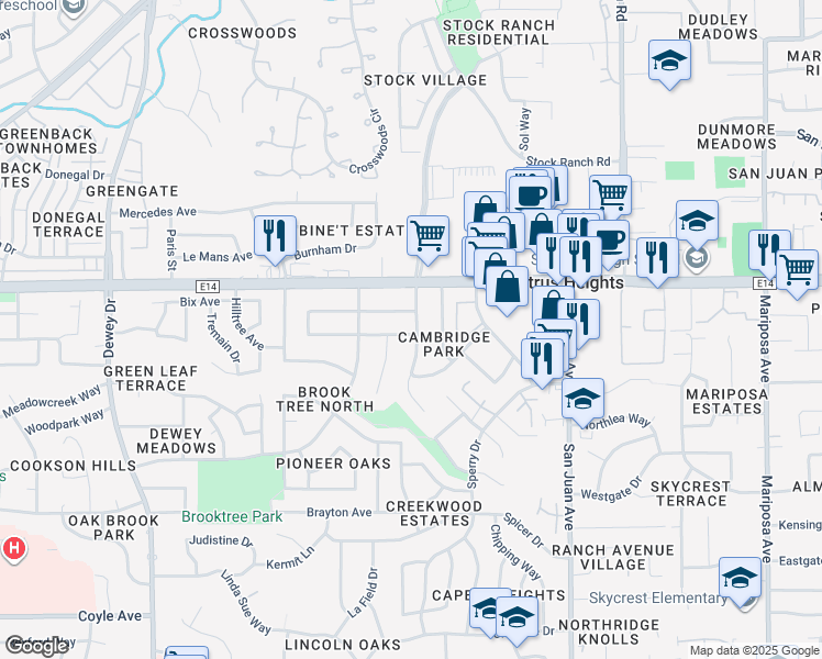 map of restaurants, bars, coffee shops, grocery stores, and more near 7037 Peachtree Avenue in Citrus Heights