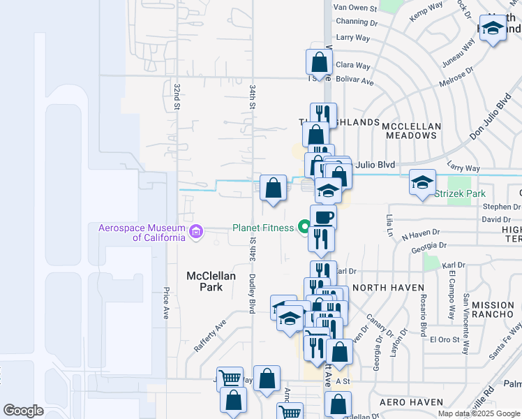 map of restaurants, bars, coffee shops, grocery stores, and more near 6010 34th Street in North Highlands