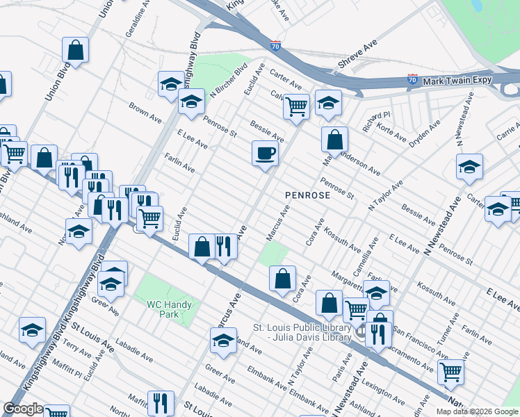map of restaurants, bars, coffee shops, grocery stores, and more near 4052 Shreve Avenue in St. Louis