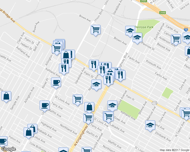 map of restaurants, bars, coffee shops, grocery stores, and more near 5124 Missouri 115 in St. Louis