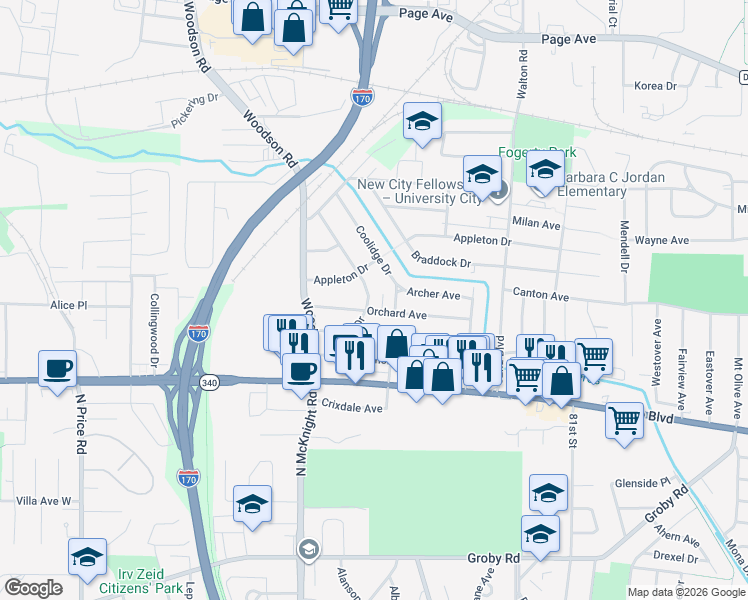 map of restaurants, bars, coffee shops, grocery stores, and more near 1318 Sheridan Drive in St. Louis
