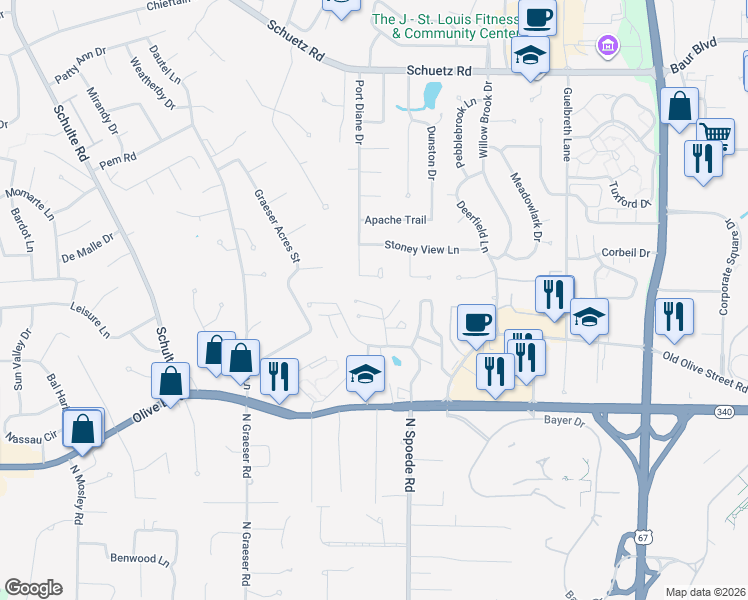 map of restaurants, bars, coffee shops, grocery stores, and more near 1037 Port Diane Drive in St. Louis