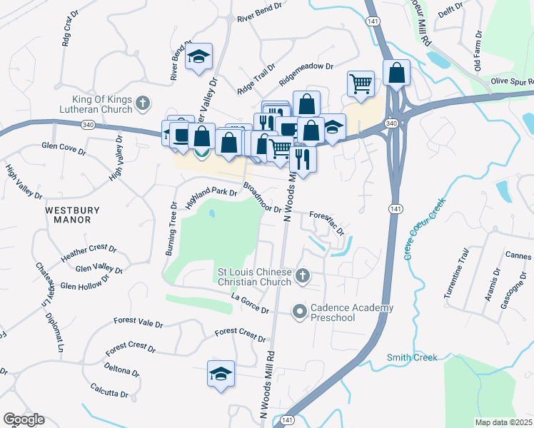 map of restaurants, bars, coffee shops, grocery stores, and more near 603 Broadmoor Drive in Chesterfield