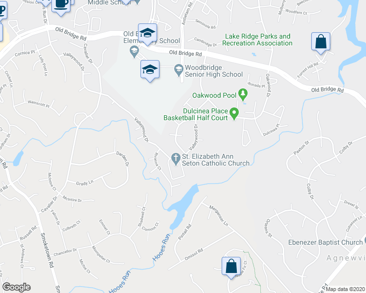 map of restaurants, bars, coffee shops, grocery stores, and more near 12713 Greenhall Drive in Woodbridge