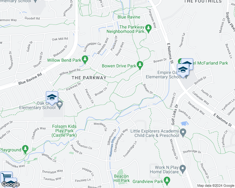map of restaurants, bars, coffee shops, grocery stores, and more near 1596 Manasco Circle in Folsom