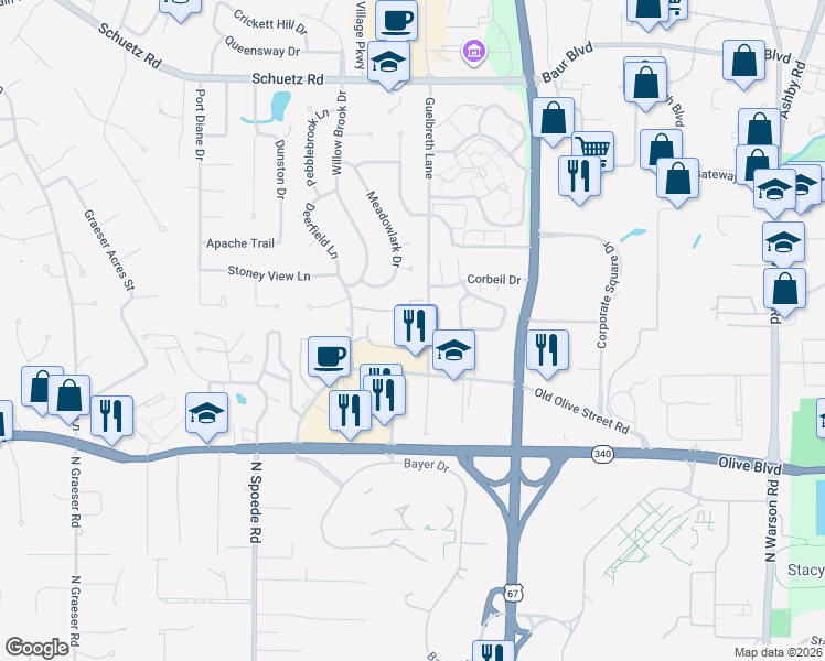 map of restaurants, bars, coffee shops, grocery stores, and more near 10433 Briarbend Drive in St. Louis