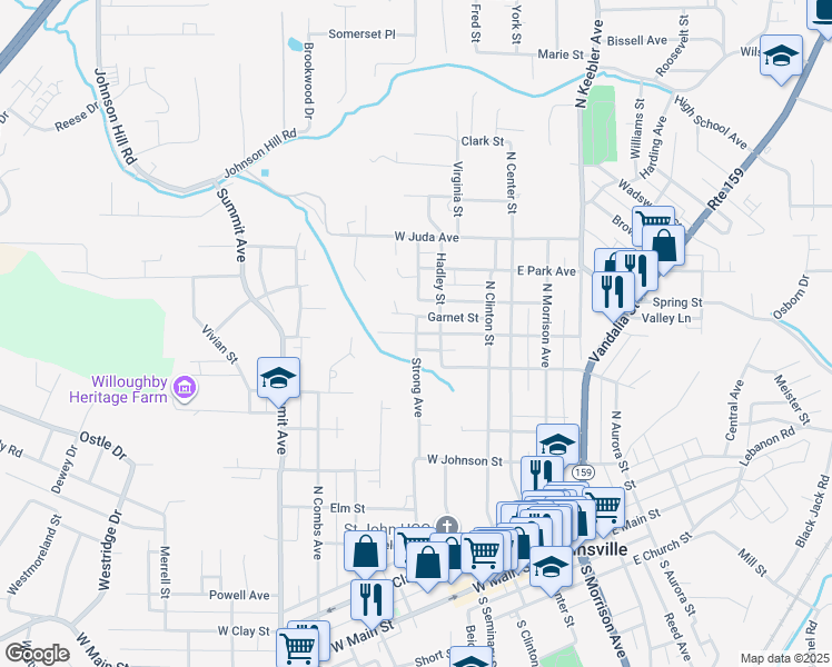 map of restaurants, bars, coffee shops, grocery stores, and more near 302 West Washington Street in Collinsville