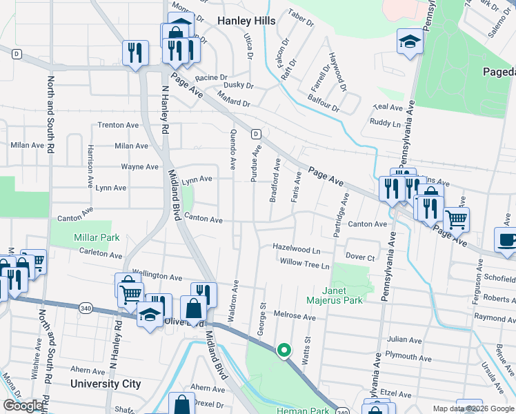 map of restaurants, bars, coffee shops, grocery stores, and more near 1533 Bradford Avenue in St. Louis