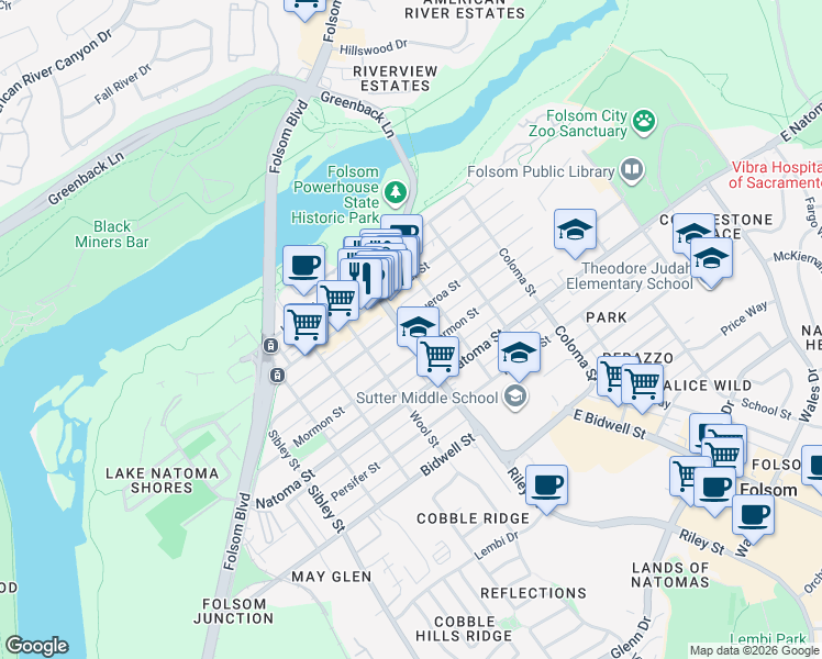map of restaurants, bars, coffee shops, grocery stores, and more near 403 Riley Street in Folsom
