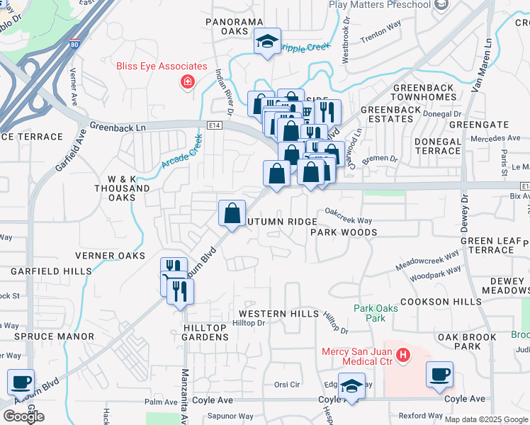 map of restaurants, bars, coffee shops, grocery stores, and more near 6143 Auburn Boulevard in Citrus Heights
