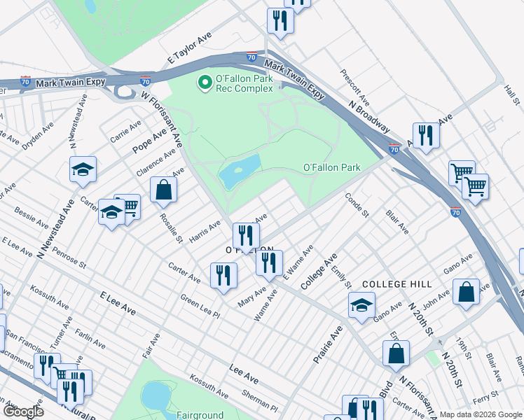 map of restaurants, bars, coffee shops, grocery stores, and more near 2040 Harris Avenue in St. Louis