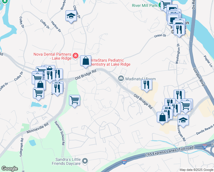 map of restaurants, bars, coffee shops, grocery stores, and more near 1924 Pohick Creek Court in Woodbridge