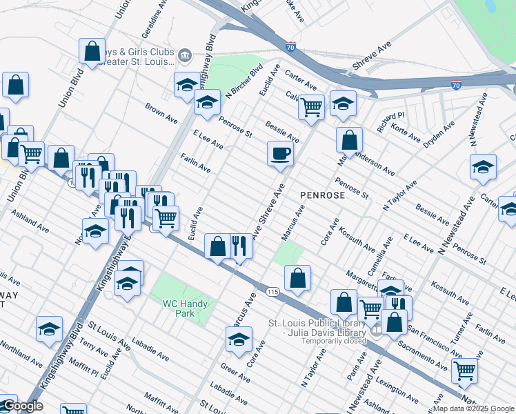 map of restaurants, bars, coffee shops, grocery stores, and more near 4831 Farlin Avenue in St. Louis