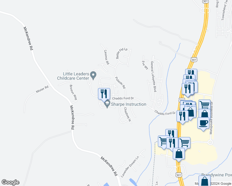 map of restaurants, bars, coffee shops, grocery stores, and more near 7104 Mad Anthony Court in Brandywine
