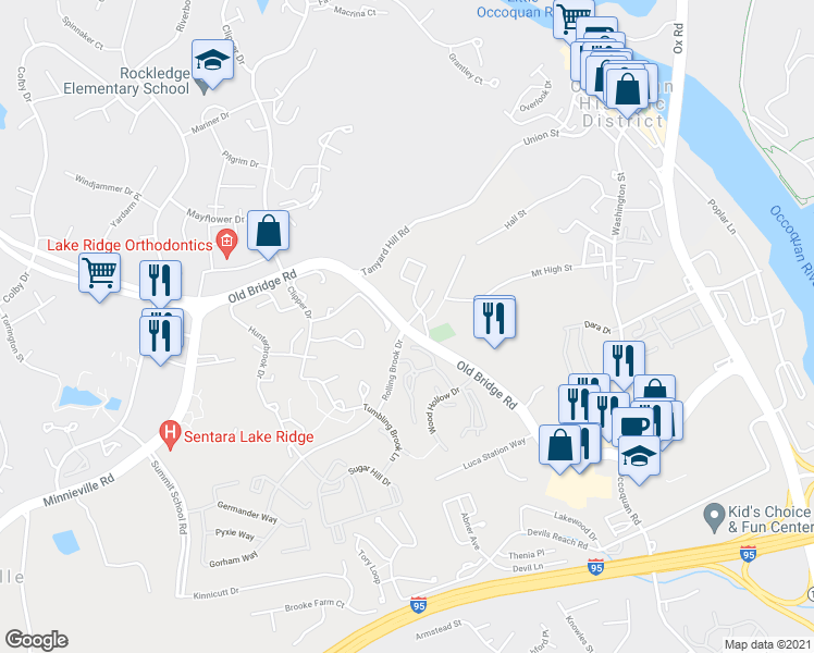 map of restaurants, bars, coffee shops, grocery stores, and more near Old Bridge Rd & Rolling Brook Rd in Prince William