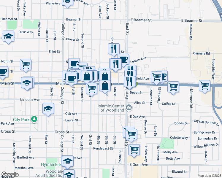 map of restaurants, bars, coffee shops, grocery stores, and more near 1000 Main Street in Woodland