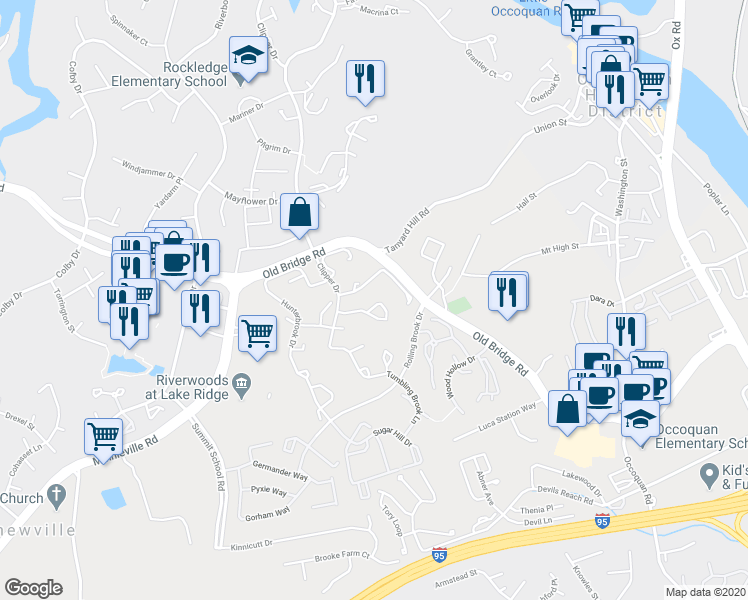 map of restaurants, bars, coffee shops, grocery stores, and more near 1924 Pohick Creek Court in Woodbridge