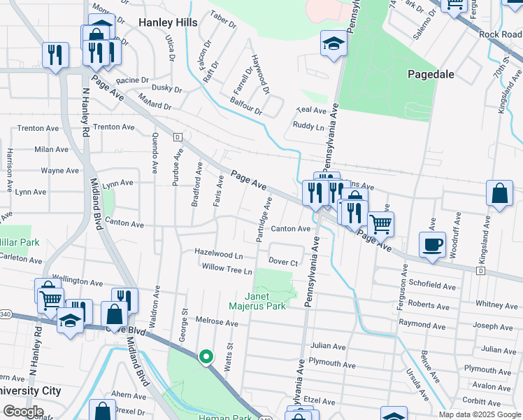 map of restaurants, bars, coffee shops, grocery stores, and more near 7400 Page Avenue in St. Louis