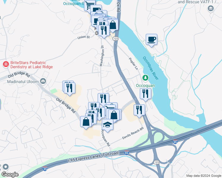 map of restaurants, bars, coffee shops, grocery stores, and more near 12732 Lighthouse Lane in Woodbridge