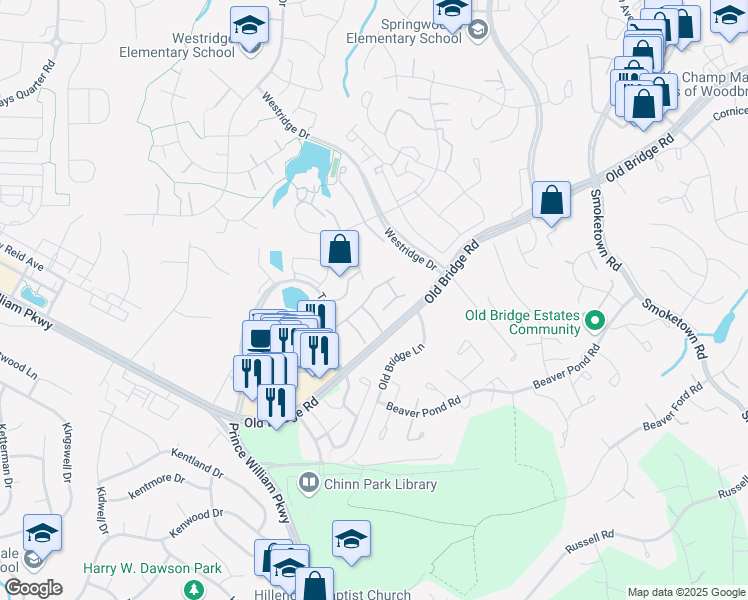 map of restaurants, bars, coffee shops, grocery stores, and more near 12761 Bombay Way in Woodbridge