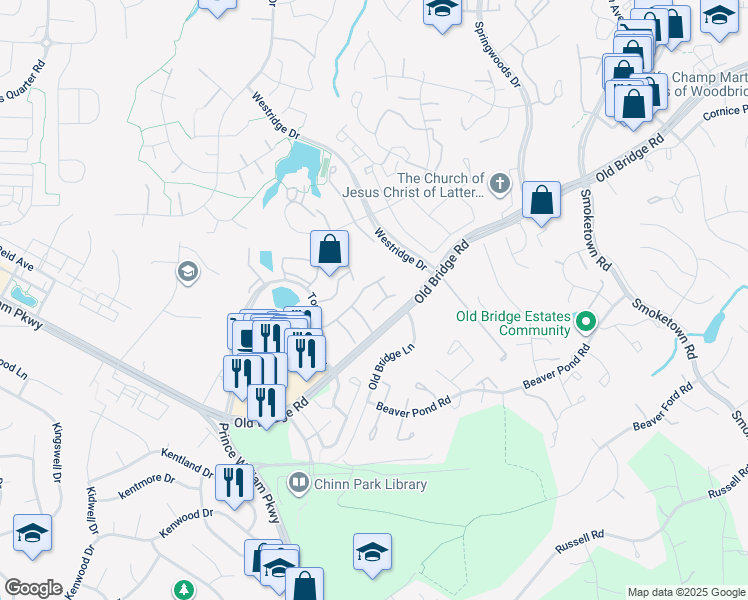 map of restaurants, bars, coffee shops, grocery stores, and more near 12750 Milan Court in Woodbridge
