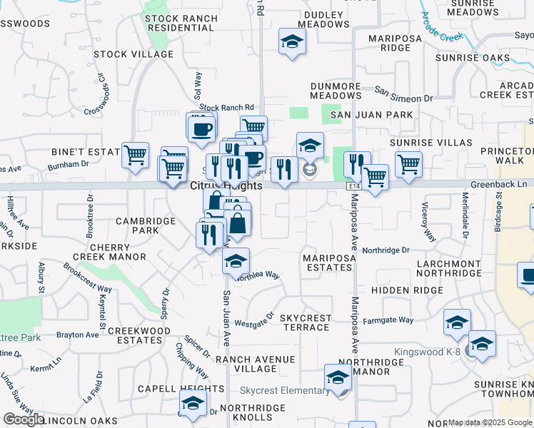 map of restaurants, bars, coffee shops, grocery stores, and more near 7500 Greenback Lane in Citrus Heights