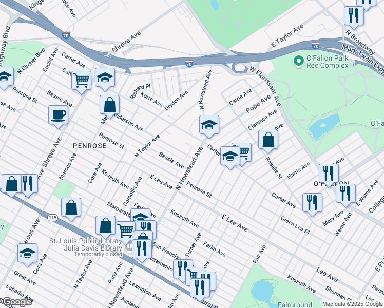 map of restaurants, bars, coffee shops, grocery stores, and more near 4333 North Newstead Avenue in St. Louis
