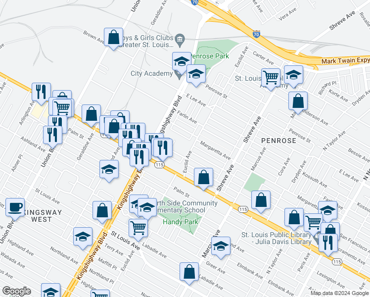 map of restaurants, bars, coffee shops, grocery stores, and more near 3920 San Franciso Court in St. Louis