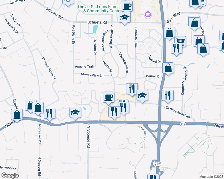 map of restaurants, bars, coffee shops, grocery stores, and more near 10460 Willowdale Drive in St. Louis