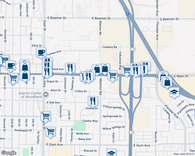 map of restaurants, bars, coffee shops, grocery stores, and more near 1385-1395 East Main Street in Woodland