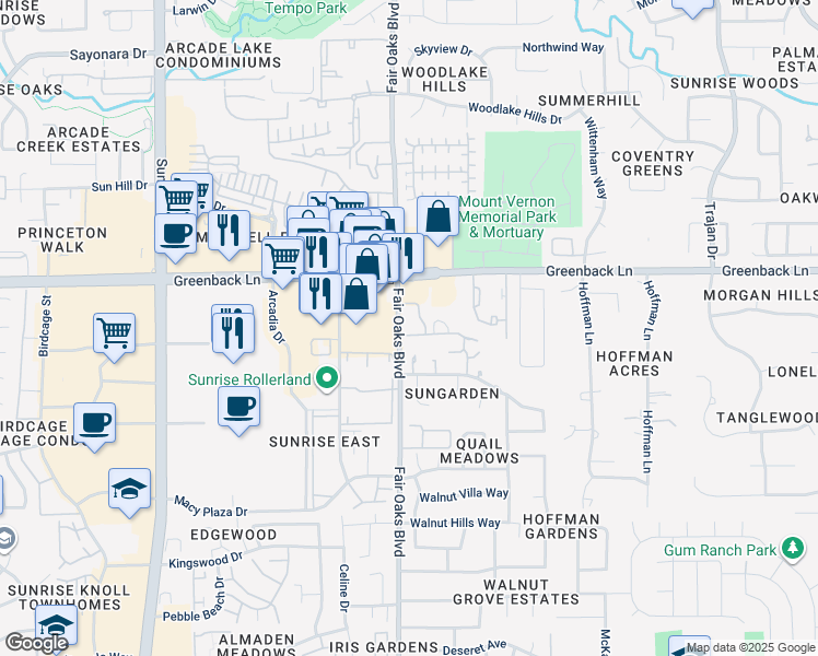 map of restaurants, bars, coffee shops, grocery stores, and more near 12400 Fair Oaks Boulevard in Fair Oaks