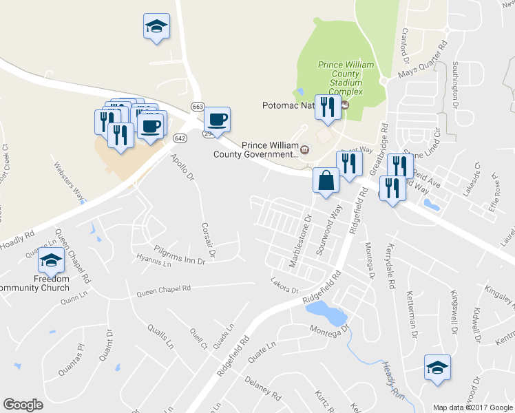 map of restaurants, bars, coffee shops, grocery stores, and more near 4931 Chaste Tree Place in Woodbridge