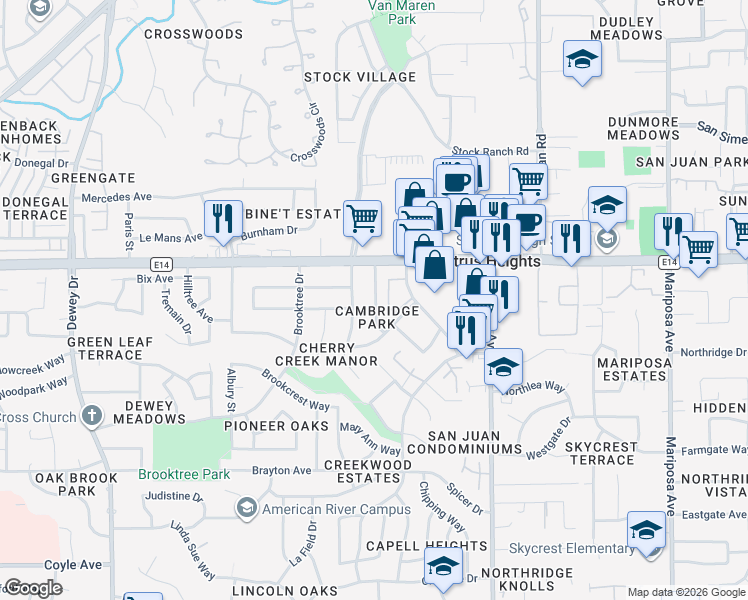 map of restaurants, bars, coffee shops, grocery stores, and more near 6131 Terrell Drive in Citrus Heights