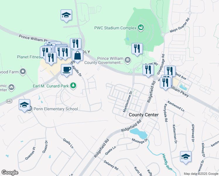 map of restaurants, bars, coffee shops, grocery stores, and more near 4931 Chaste Tree Place in Woodbridge