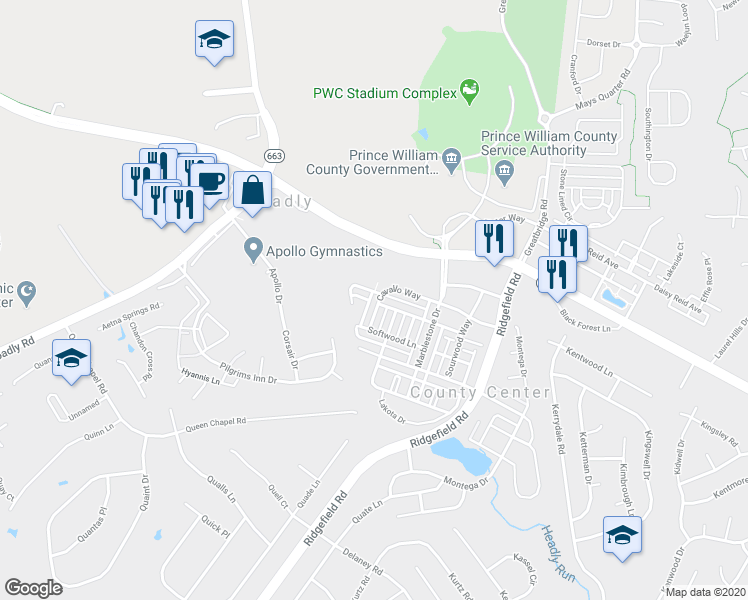 map of restaurants, bars, coffee shops, grocery stores, and more near 4856 Cavallo Way in Woodbridge