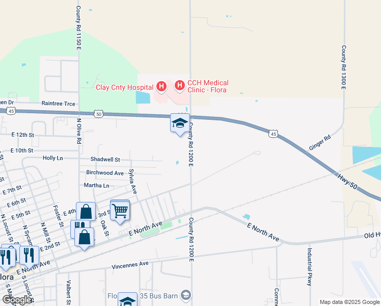 map of restaurants, bars, coffee shops, grocery stores, and more near 609 North Stanford Road in Flora