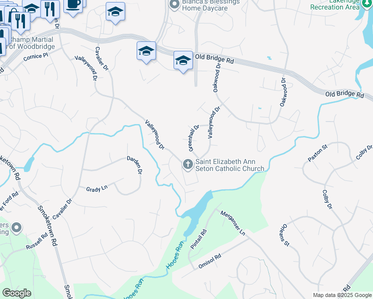 map of restaurants, bars, coffee shops, grocery stores, and more near 12704 Greenhall Drive in Woodbridge