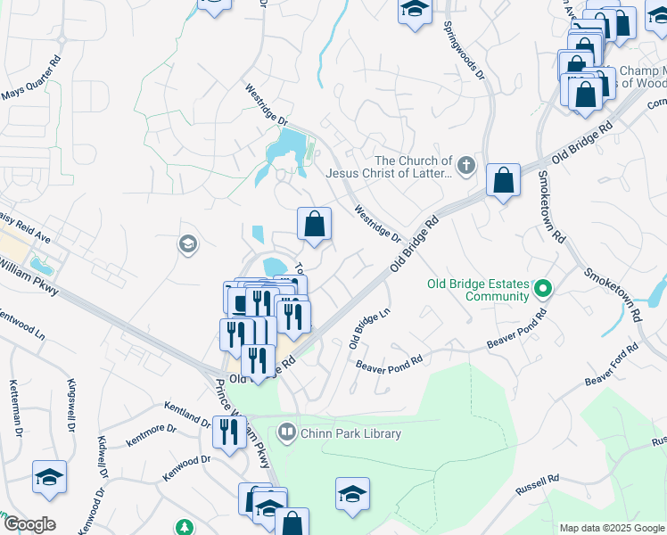 map of restaurants, bars, coffee shops, grocery stores, and more near 12762 Bombay Way in Woodbridge
