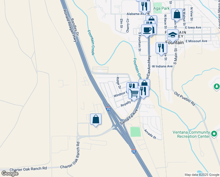 map of restaurants, bars, coffee shops, grocery stores, and more near 512 Windsor Lane in Fountain