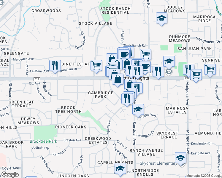 map of restaurants, bars, coffee shops, grocery stores, and more near 6131 Shupe Drive in Citrus Heights