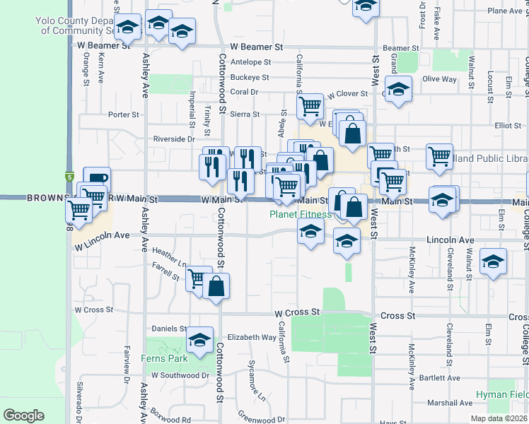 map of restaurants, bars, coffee shops, grocery stores, and more near 147 West Main Street in Woodland