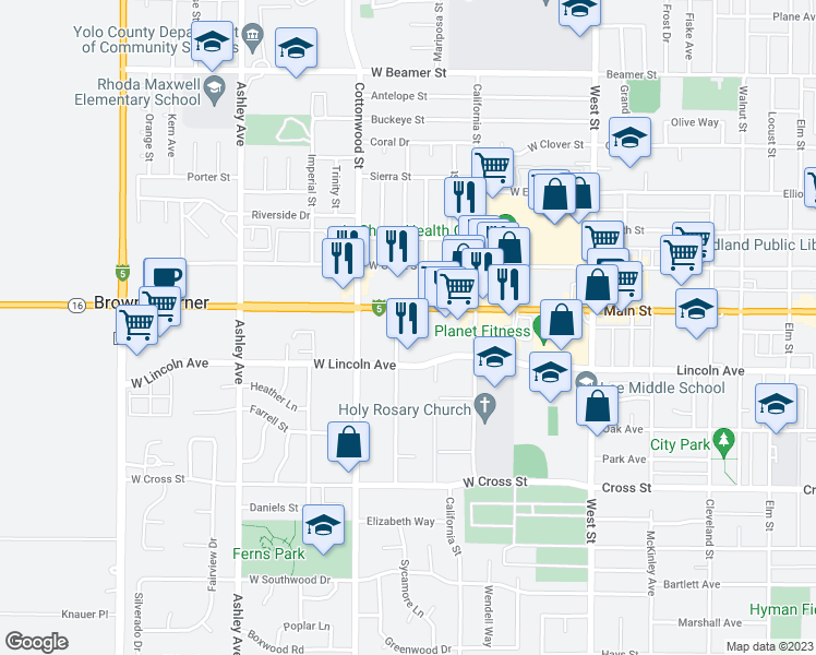map of restaurants, bars, coffee shops, grocery stores, and more near 151 West Main Street in Woodland