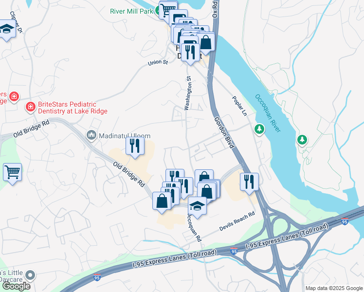 map of restaurants, bars, coffee shops, grocery stores, and more near 12650 Dara Drive in Woodbridge