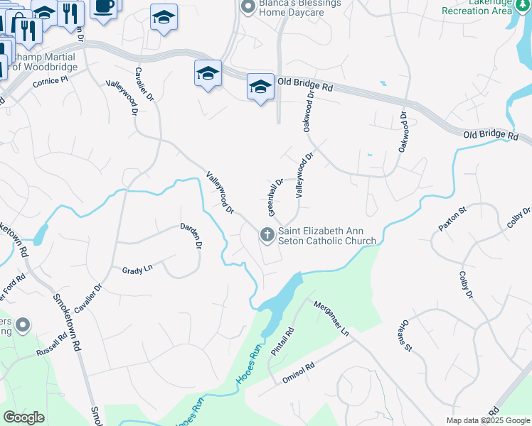 map of restaurants, bars, coffee shops, grocery stores, and more near 12704 Greenhall Drive in Woodbridge