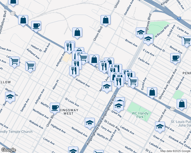 map of restaurants, bars, coffee shops, grocery stores, and more near 5167 Palm Street in St. Louis