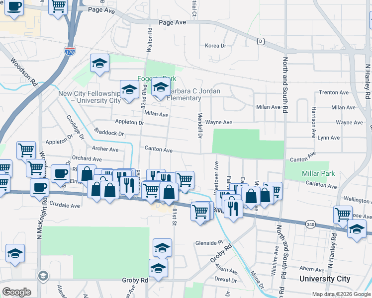 map of restaurants, bars, coffee shops, grocery stores, and more near 8020 Braddock Drive in University City