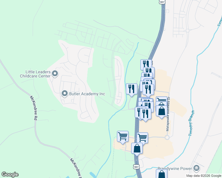 map of restaurants, bars, coffee shops, grocery stores, and more near 15502 Chaddsford Lake Drive in Brandywine