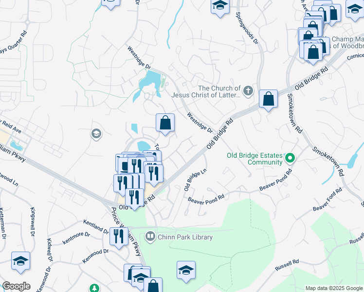 map of restaurants, bars, coffee shops, grocery stores, and more near 12757 Bombay Way in Woodbridge