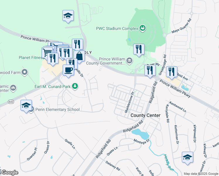 map of restaurants, bars, coffee shops, grocery stores, and more near 4925 Chaste Tree Place in Woodbridge